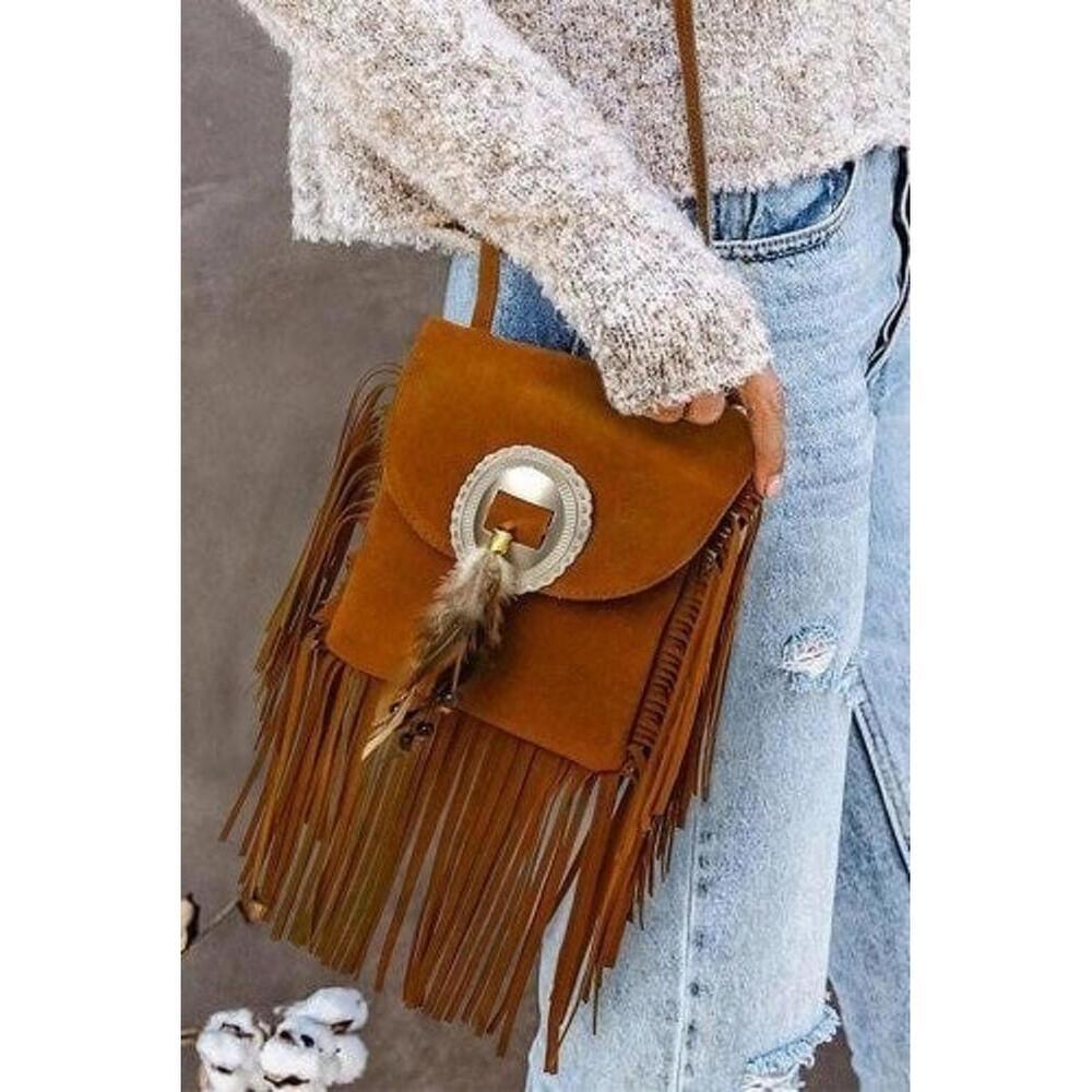Boho Fringe Crossbody Bag Tan Brown Western Festival Purse NWT - Picture 2 of 7